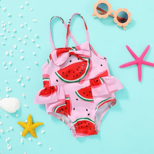 Vista 2 de Bebé Niña Sandía Traje De Baño Dinosaurio Limón Sin Espalda Traje De Baño Infantil Halter