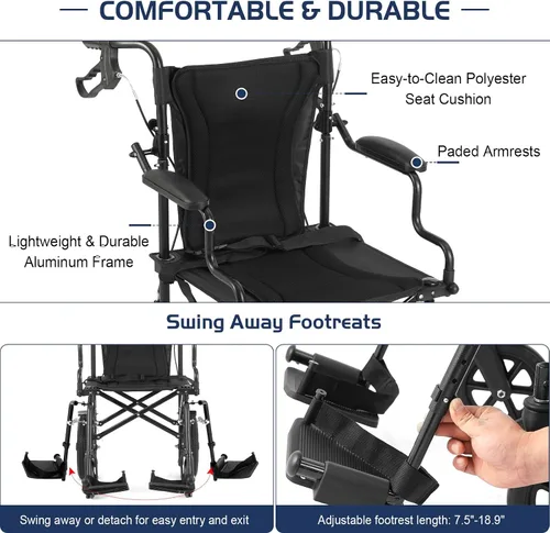 Vista 4 de Medwarm Silla de ruedas de transporte ultraligera para adultos y niños, pesa solo 22 libras, silla de ruedas plegable de viaje con frenos de mano