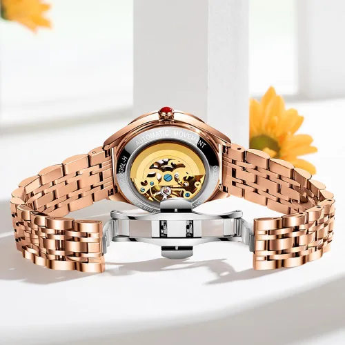 Vista 3 de OLEVS Reloj mecánico automático para mujer, correa de cuero, cuerda automática, reloj de pulsera para mujer, esfera de corazón de diamante