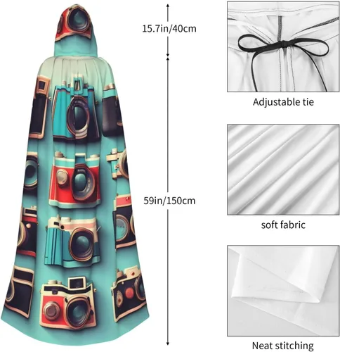 Vista 5 de Retro Cool Camera Collection Print Magic Hooded Cloak Cape With Unisex Robe For Masquerade Parties Carnival Decor