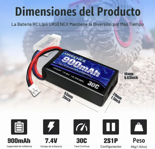 Vista 2 de SCX24 Batería 7.4V Lipos 2S 30C (Ráfaga 60C) 900mAh Batería de Litio Recargable con Enchufe PH2.0 Compatible con la mayoría de coches RC, camiones
