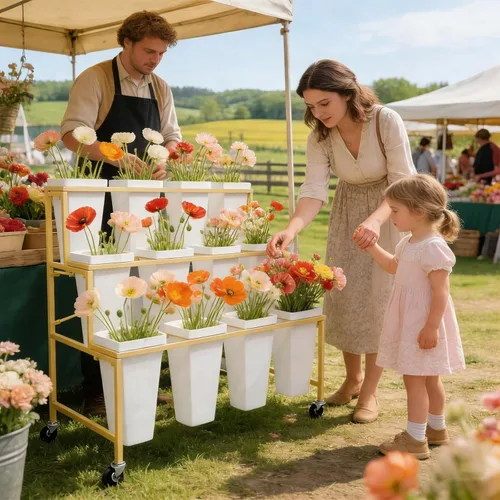 Vista 7 de Soporte de exhibición de flores de metal de 3 niveles, carrito móvil resistente para plantas de flores con 12 cubos y ruedas con cerradura, estante