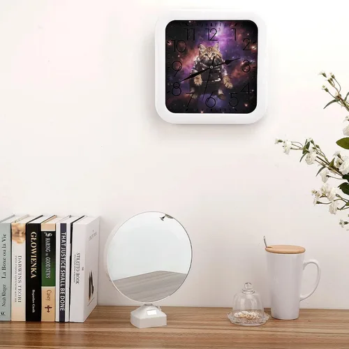 Vista 4 de 10" Square Modern Wall Clock,A Cat in Outer Space Print Kitchen Clocks Wall Battery Operated,Silent Non Ticking Unique Funny Cute Wall Clock for