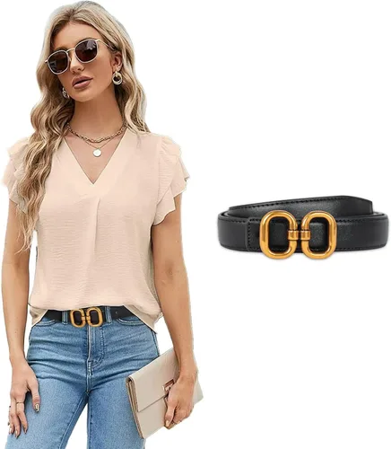 Vista 330 de Cinturón de cuero clásico con hebilla de metal para mujer con vestido de jeans
