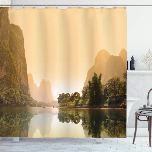 Vista 82 de set de cortina para baño decorativa de tela de poliéster con ganchos
