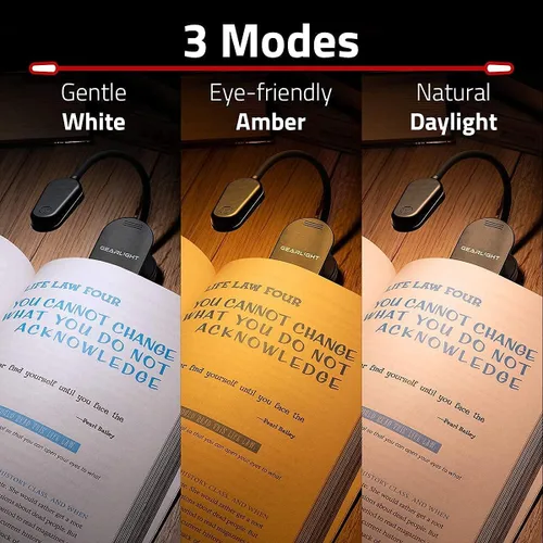 Vista 2 de GearLight Luz de libro recargable para leer en la cama – Lámpara LED con clip manos libres con 3 modos de luz, brillo ajustable, luz de lectura