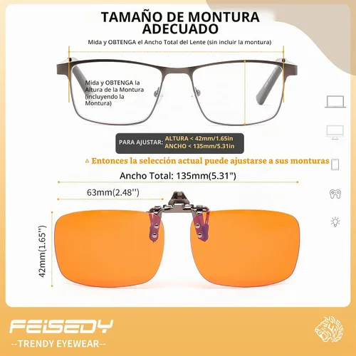 Vista 5 de FEISEDY Clip en gafas de luz azul de una pieza sin montura para mujer y Naranja/Rectangular