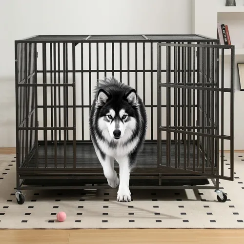 Vista 7 de Jaula para perros resistente de 60 pulgadas, plegable, sin montaje, jaula grande para perros a prueba de escape, con ruedas con cerradura, corralito