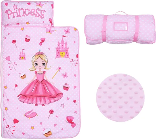 Vista 8 de Colchoneta portátil para siesta para niños con almohada extraíble y manta para niñas y niños, saco de dormir ligero extra grande para preescolar