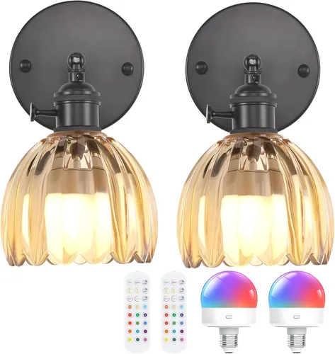 Vista 34 de Shenmoyl Aplique de pared vintage a pilas con bonita pantalla de vidrio de tulipán blanco, inalámbrico, recargable, luz de pared funciona