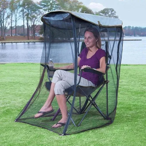 Vista 8 de Silla de pesca para acampar con toldo de red transpirable y soporte para tazas, silla plegable para exteriores, protección solar