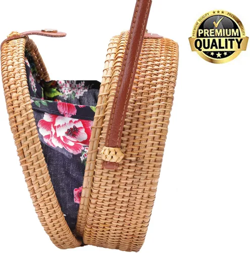 Vista 2 de Bolso redondo de ratán tejido a mano con correas de cuero natural y elegante Dorado