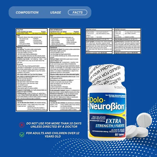Vista 7 de Dolo Neurobion Analgésico, reductor de fiebre, extra fuerza. Alivia el Dolor, Reduce la Fiebre, Extra Fuerte. 60 tabletas. Acetaminofeno 500 mg