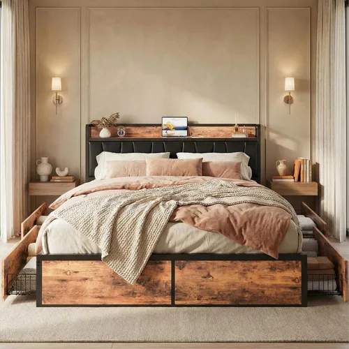 Vista 11 de LIKIMIO - Armazón de cama tamaño King con 4 cajones de almacenamiento, cama de plataforma con cabecera tapizada, resistente y estable, sin ruido,
