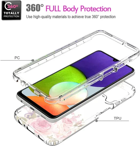 Vista 3 de Funda para Samsung Galaxy A22 4G/M32 4G SM-A225F con protector de pantalla de vidrio templado, cuerpo completo transparente con diseño floral, Flor