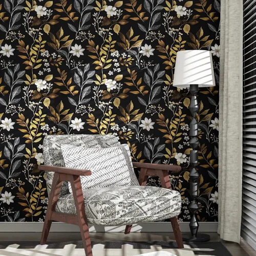 Vista 7 de Papel pintado floral dorado negro para pelar y pegar, papel pintado de hojas boho, papel de contacto botánico para gabinetes, vinilo autoadhesivo