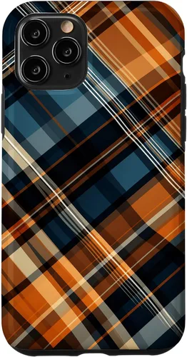 Vista 27 de Funda para iPhone 16 Navy Black and Orange Plaid Halloween Otoño Calabazas