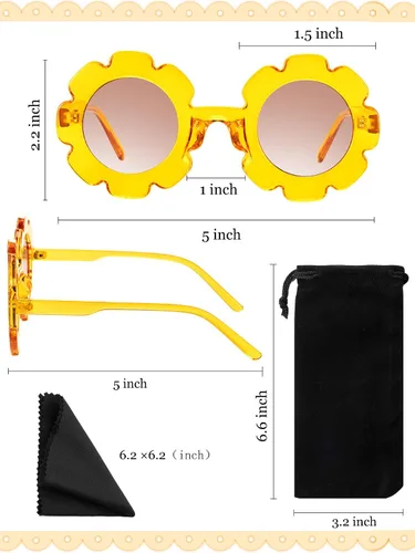 Vista 2 de 4 pares de lentes de sol redondos con forma de flor para niños, paquete de 4 bolsas de franela para bebés, niñas y niños, recuerdos de fiesta