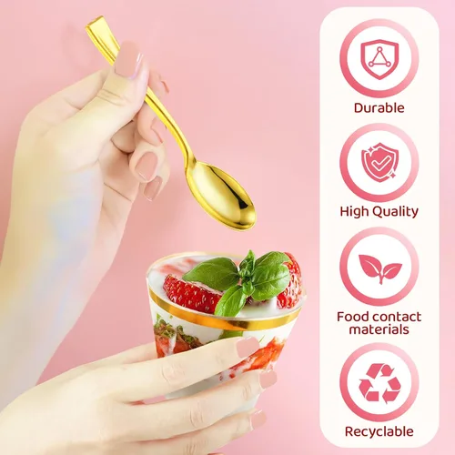 Vista 6 de Jinei 50 juegos de tazas de postre de plástico de 9 onzas con tapas de cúpula, cucharas de plástico transparente con borde dorado, vasos de frutas