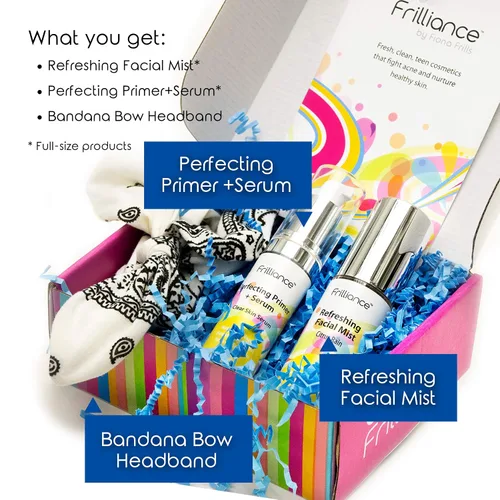 Vista 2 de Frilliance Paquete de belleza para adolescentes, base y suero hipoalergénico vegano libre de crueldad, niebla facial y bandana