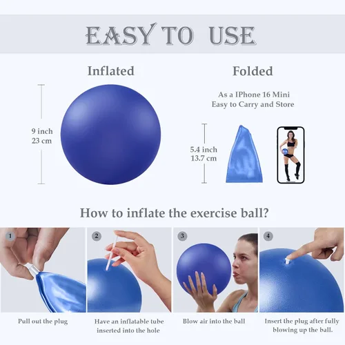 Vista 5 de Soft Pilates Yoga Ball, Small Exercise Ball, Mini Rubber Workout Equipment 9 Inch Ball Ideal Between Knee Squeeze for Physical Therapy Core
