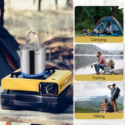 Vista 7 de Hervidor de té para camping, cafetera portátil de 1.2 L, olla de campamento al aire libre, con asas y con tapas para camping, senderismo, picnic