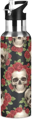 Vista 8 de BPA-Free Sport Water Bottle 32 Oz, Stainless Steel Water Bottle for Gym Outdoor Travel School, Skulls Vibrant Red Roses