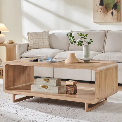 Vista 10 de IFGET Mesa de Centro Moderna de 48", Mesa Central Minimalista de 2 Niveles con Estante de Almacenamiento, Diseño de Perfil Curvo, Mesa Rectangular