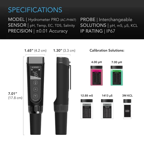 Vista 6 de AC Infinity Kit de Medidor Hidropónico PRO, Lápiz Digital de pH de Alta Precisión con Precisión de pH ±0.01 y Sonda Intercambiable, Medidor Todo