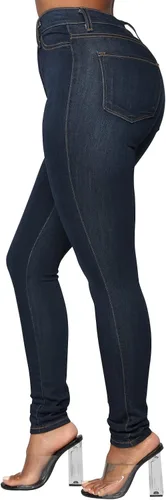 Vista 16 de KUNMI - Pantalones de mezclilla clásicos de cintura alta para mujer, elásticos, con efecto de levantamiento de glúteos, ajustados
