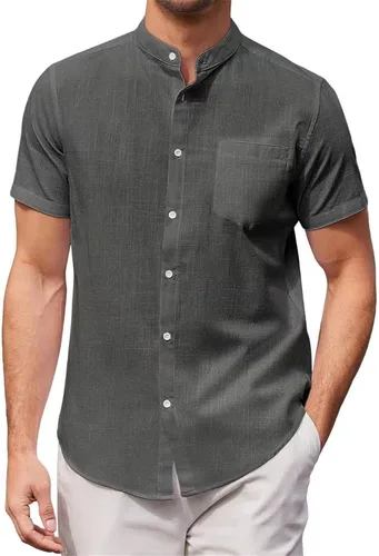 Vista 6 de Camisas de lino de algodón con cuello de banda, camisas casuales de manga corta con botones, ajuste delgado, para verano, playa, con bolsillo