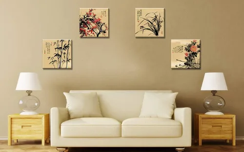 Vista 8 de JiazuGo Decoración asiática, pintura china, arte de pared oriental rojo ciruelo flor lienzo cuadros para dormitorio, decoración estética de pared