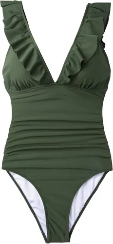 Vista 3 de Cupshe - Traje de baño de una pieza con escote en V para mujer con volantes y cordones