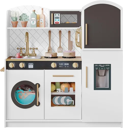Vista 9 de Treocho Juego de cocina para niños, juego de cocina de madera para niños pequeños con almacenamiento, cocina de juguete de diseño moderno con grifo