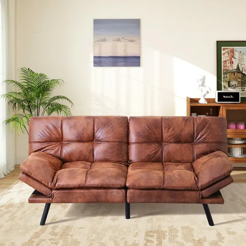 Vista 5 de MUUEGM Sofá cama futón marrón de cuero de espuma viscoelástica moderna sofá de oficina cama convertible sofá biplaza sofá para espacios pequeños