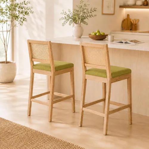 Vista 9 de Juego de 2 taburetes de bar de altura de mostrador, sillas de isla de cocina con respaldo de caña beige, taburetes de bar de ratán con respaldo