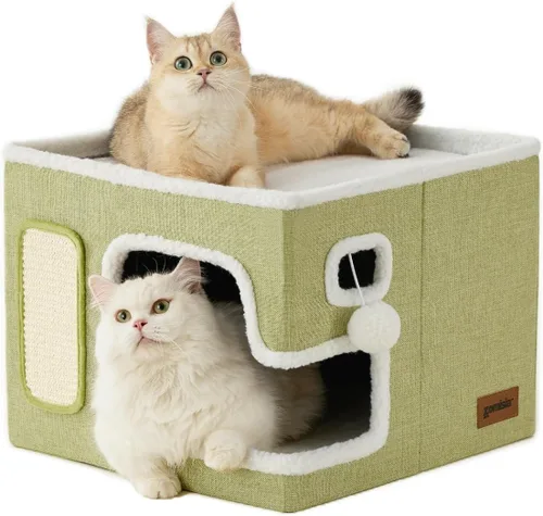 Vista 13 de ZOMISIA Casa térmica para gatos de interior – Cama grande de calentamiento para gatos para invierno con bola esponjosa colgante y almohadilla