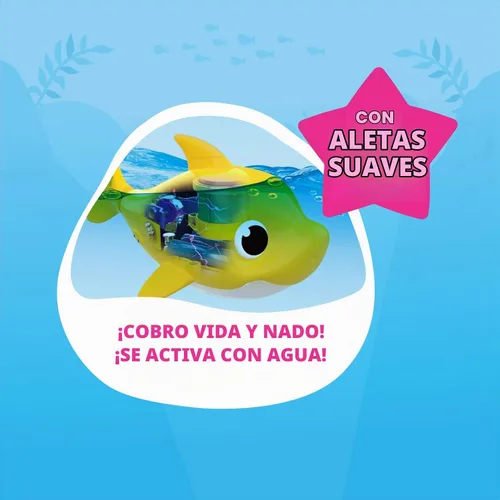 Vista 2 de Robo Alive Junior Baby Shark Nueva Versión con Aletas de Silicon Cantando y Nadando Daddy Shark (Azul) por ZURU