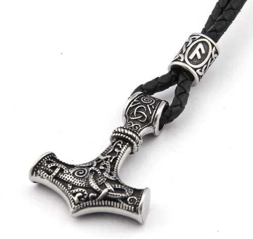 Vista 3 de BAVIPOWER Thor Hammer - Pulsera de cuero nórdico con cuentas de runa vikinga, acero inoxidable, joyería pagana Asatru para hombres y mujeres
