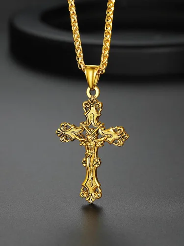 Vista 7 de ChainsHouse Collar de cruz para hombre, chapado en oro de 18 quilates, acero inoxidable, joyería cristiana, collar con colgante de cruz