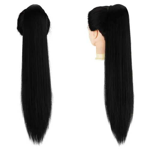 Vista 3 de FESHFEN Extensiones de cola de caballo rectas, colas de caballo largas con cordón, cola de caballo sintética con clip para mujer, color negro