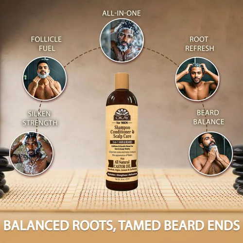 Vista 6 de OKAY -MEN Champú y acondicionador 3 en 1 - Champú y acondicionador de aceite de ricino, lavado de barba, tratamiento aclarador para cabello seco
