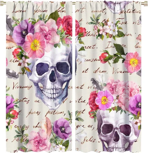 Vista 40 de Cortinas de cabeza de calavera, calavera blanca y rosas rojas con ramas y hojas negras, cortinas opacas decorativas para sala de estar, dormitorio