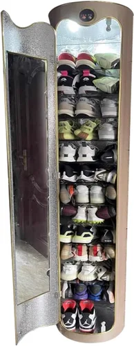 Vista 8 de Zapatero giratorio, organizador de zapatos para entrada, zapatero redondo y moderno, para almacenamiento, ahorro de espacio, simple y moderno