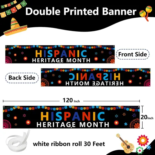 Vista 2 de Letrero decorativo del mes de la herencia hispana de 120 x 20 pulgadas, letrero festivo de países de América Latina de habla hispana para interiores
