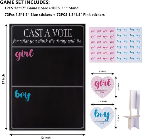 Vista 2 de Juego de mesa para revelar el género del bebé con 144 calcomanías de voto para niña o niño, cartel de voto con soporte, diseño de pizarra