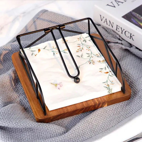 Vista 7 de Servilletero para mesa, madera de acacia y metal, giratorio de 360°, rústico, cuadrado, para servilletas de papel, decoración de mesa de comedor