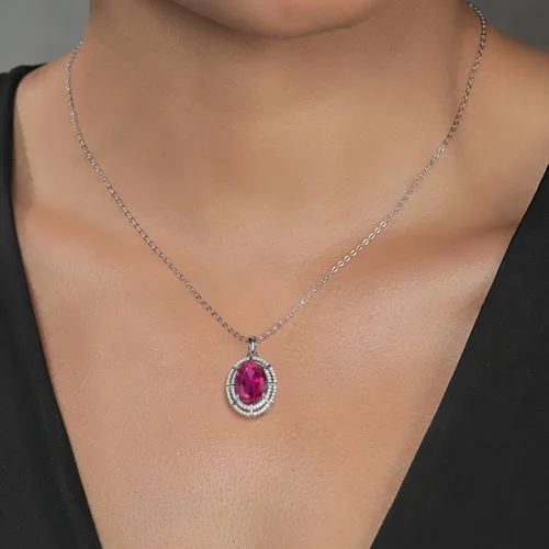 Vista 55 de Gem Stone King Collar con halo de dos filas de 5 a 10 quilates con piedra natal ovalada de 0.55 x 0.39 pulgadas en plata de ley 925 Collar