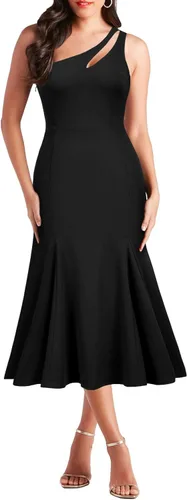 Vista 3 de WOOSEA Vestido midi de cóctel de sirena sin mangas con un hombro descubierto para mujer