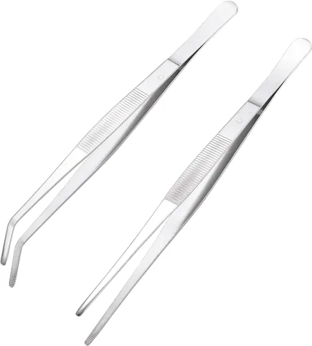 Vista 3 de Miupoo Pinzas rectas y curvadas de acero inoxidable, mango largo, juego de pinzas de precisión extralargas con puntas dentadas, plateado, 2 piezas